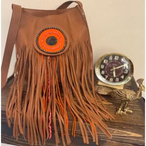 Sam Edelman Karina Brown Leather Fringe Crossbody Handbag Orange Bead Medallion